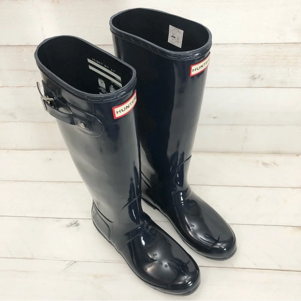 Hunter Navy Gloss Original Tall Rain Boots • Women's Sz 9 • NIB